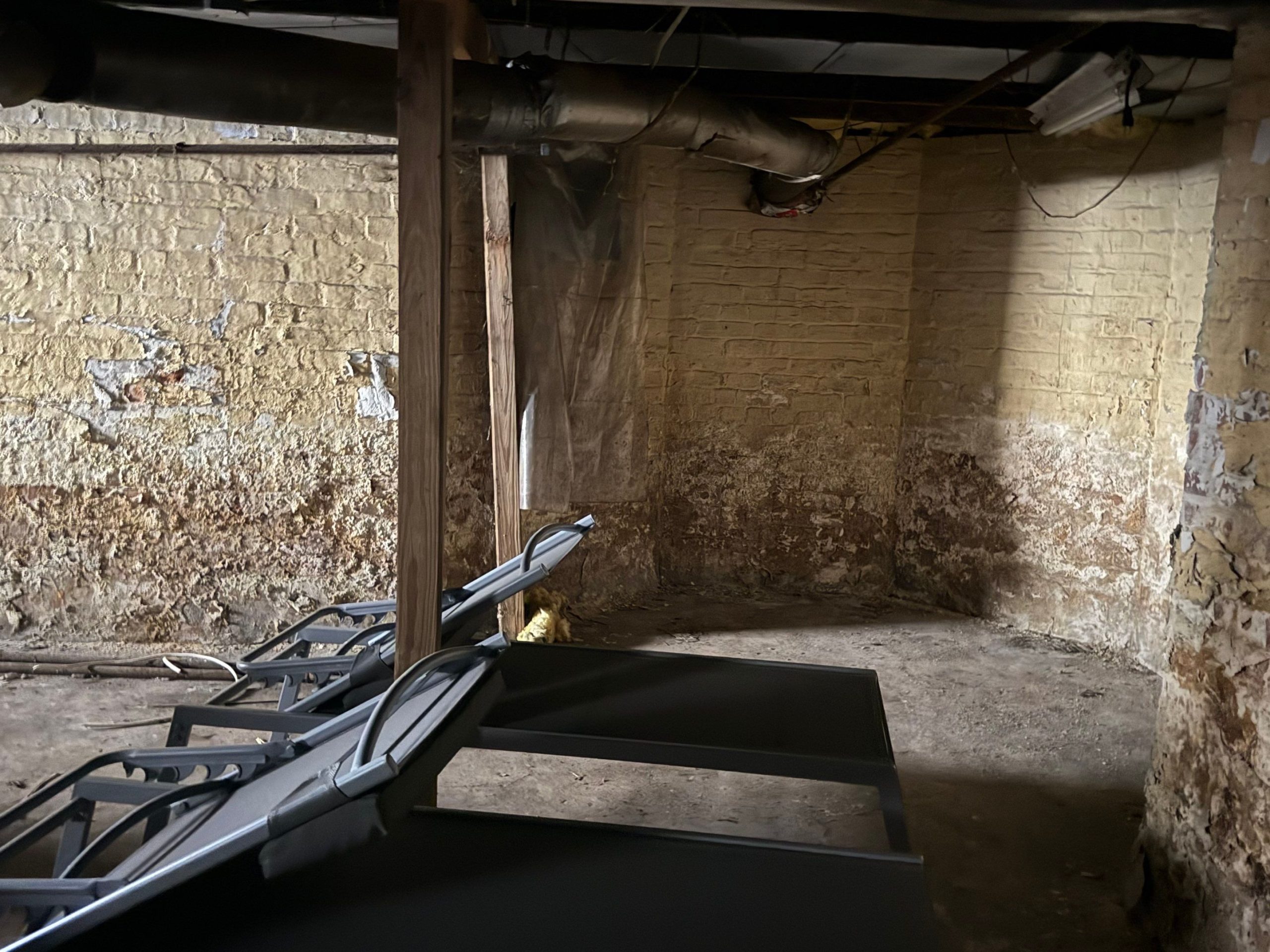 Basement with visible mold growth, water damage stains, and deteriorated walls showing the need for professional remediation and reconstruction