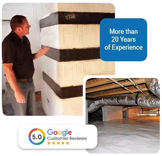 Man inspecting waterproofing techniques on foundation walls, showcasing expertise in mold remediation and basement waterproofing, with a badge indicating 5.0 Google Customer Reviews and text highlighting over 20 years of experience.