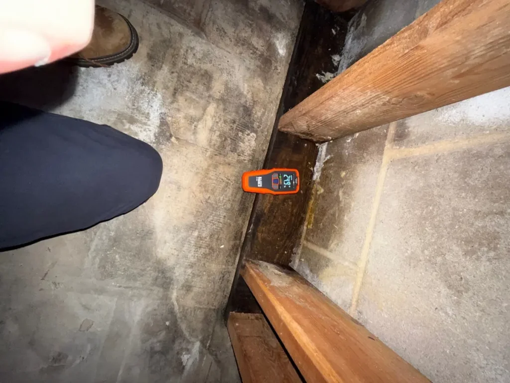 Moisture meter detecting dampness in bathroom framing during mold inspection in Middletown Township, NJ.
