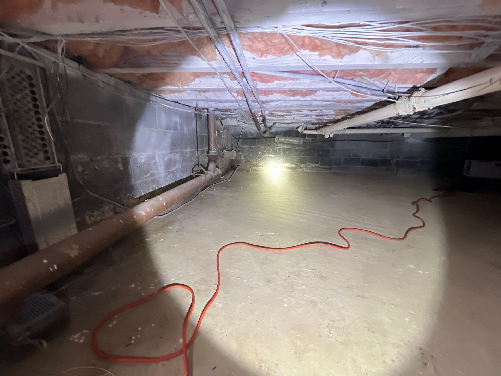 Unencapsulated crawl space with exposed pipes and insulation, potential mold remediation project in New Jersey